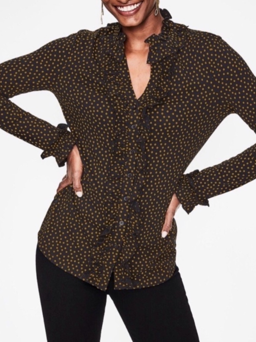 Boden ‘Alberta’ Polka Dot Ruffle Button-Front Blouse - Black with Mustard Dots